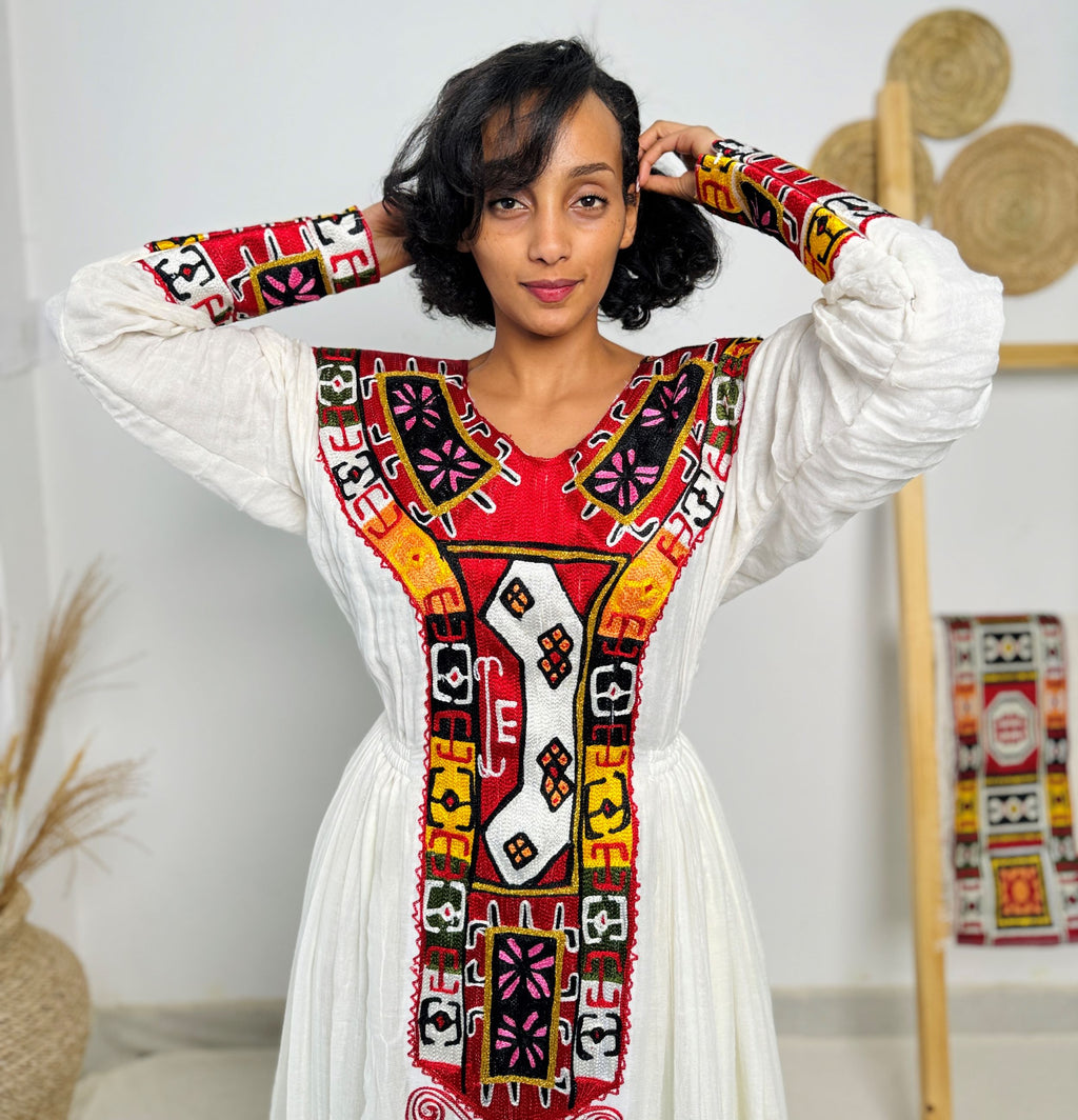 Vibrant Multicolor Long-Sleeve Habesha Kemis | Traditional Ethiopian Handmade Dress | Cultural Festival & Wedding Wear | Handwoven Dress Hab190