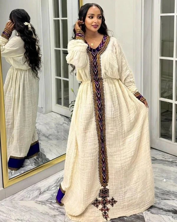 Lemlem - Purple and Blue Embroidered Habesha Kemis | Stunning Traditional Ethiopian Dress Hab291