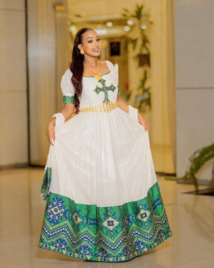 ABRIHET GREEN WOVEN HABESHA DRESS | SHORT SLEEVES HABESHA KEMIS | ETHIOPIAN TRADITIONAL ATTIRE