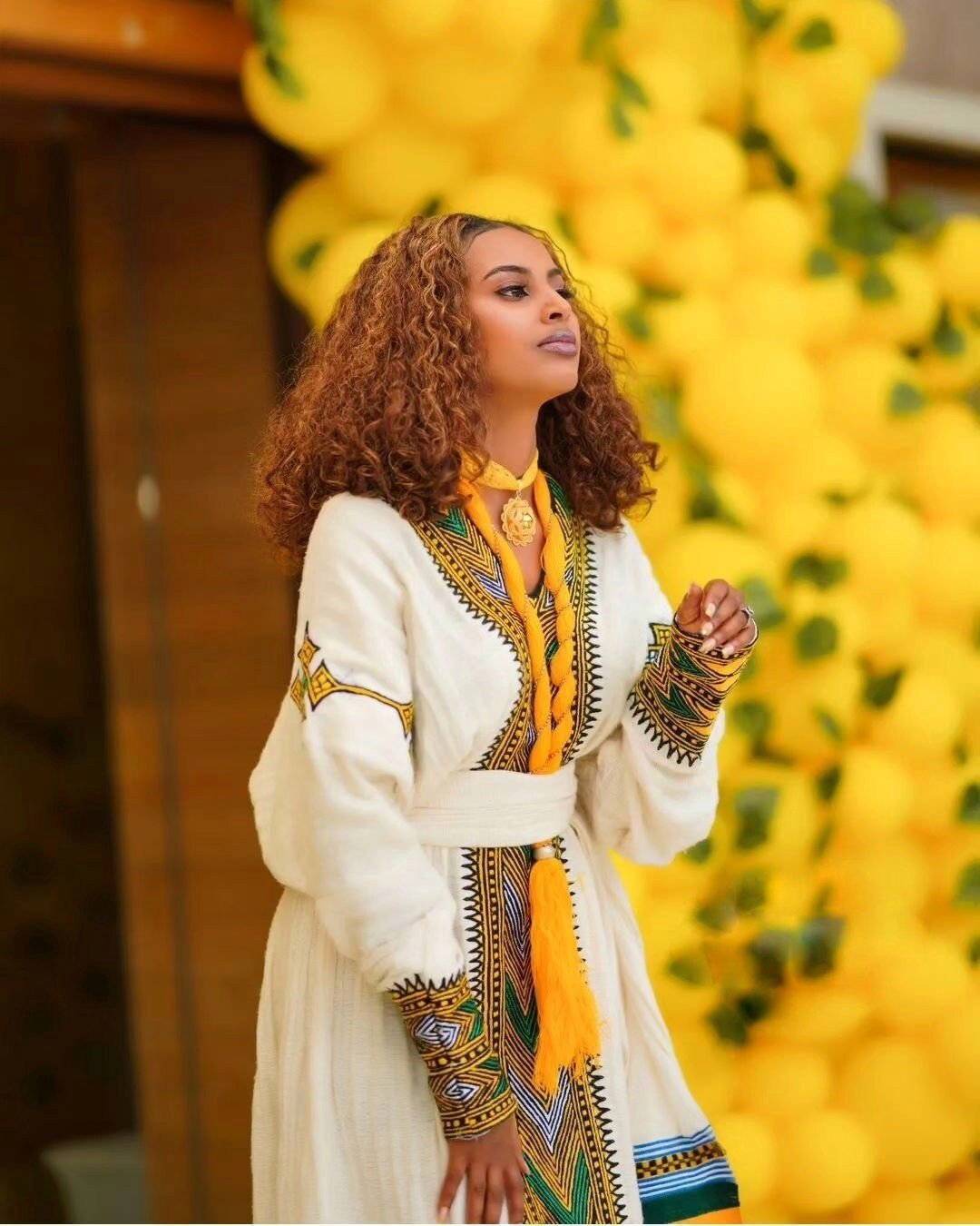 REDINA ELEGANT ETHIOPIAN HABESHA KEMIS | TRADITIONAL HABESHA DRESS WITH GREEN AND YELLOW TIBEB | TIMELESS PIECE HABESHA KEMIS