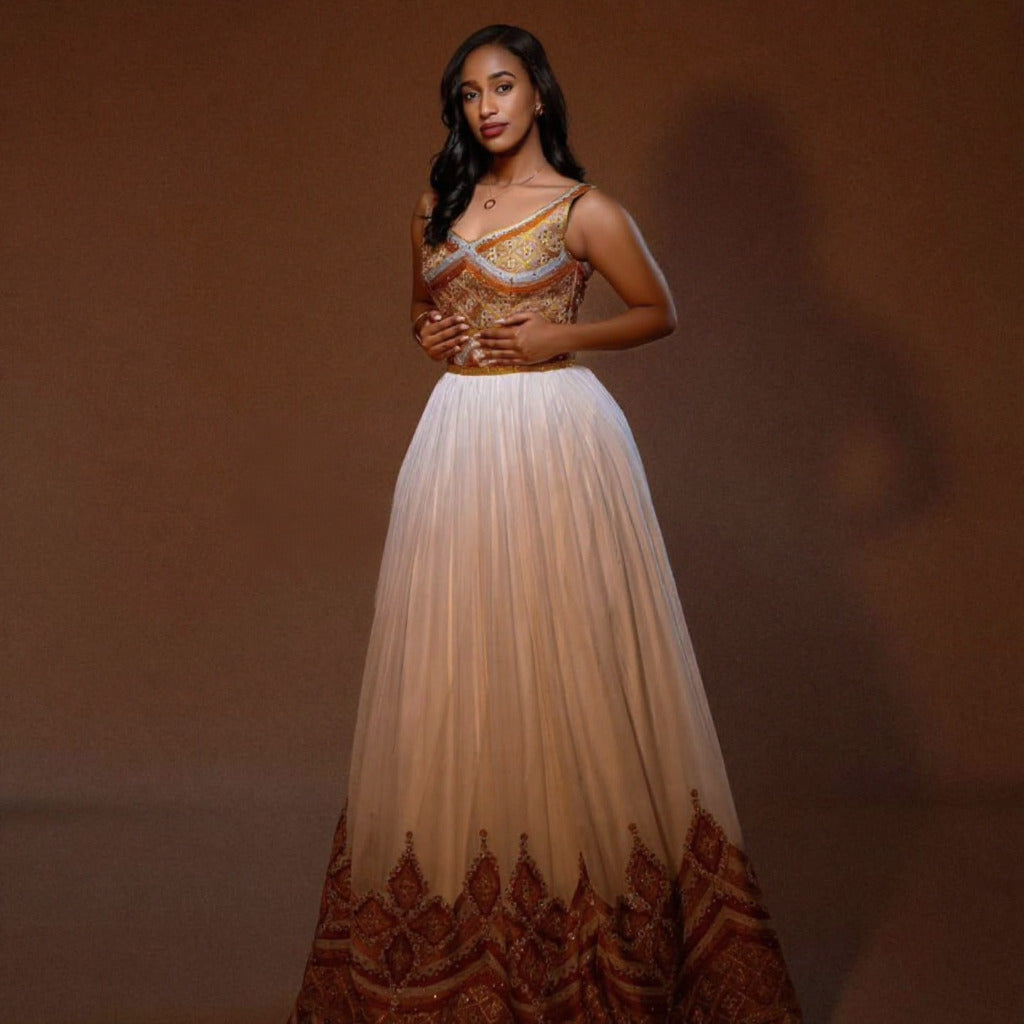 SINDU GOLD-EMBROIDERED HABESHA DRESS | SLEEVELESS HABESHA KEMIS | ETHIOPIAN WEDDING DRESS