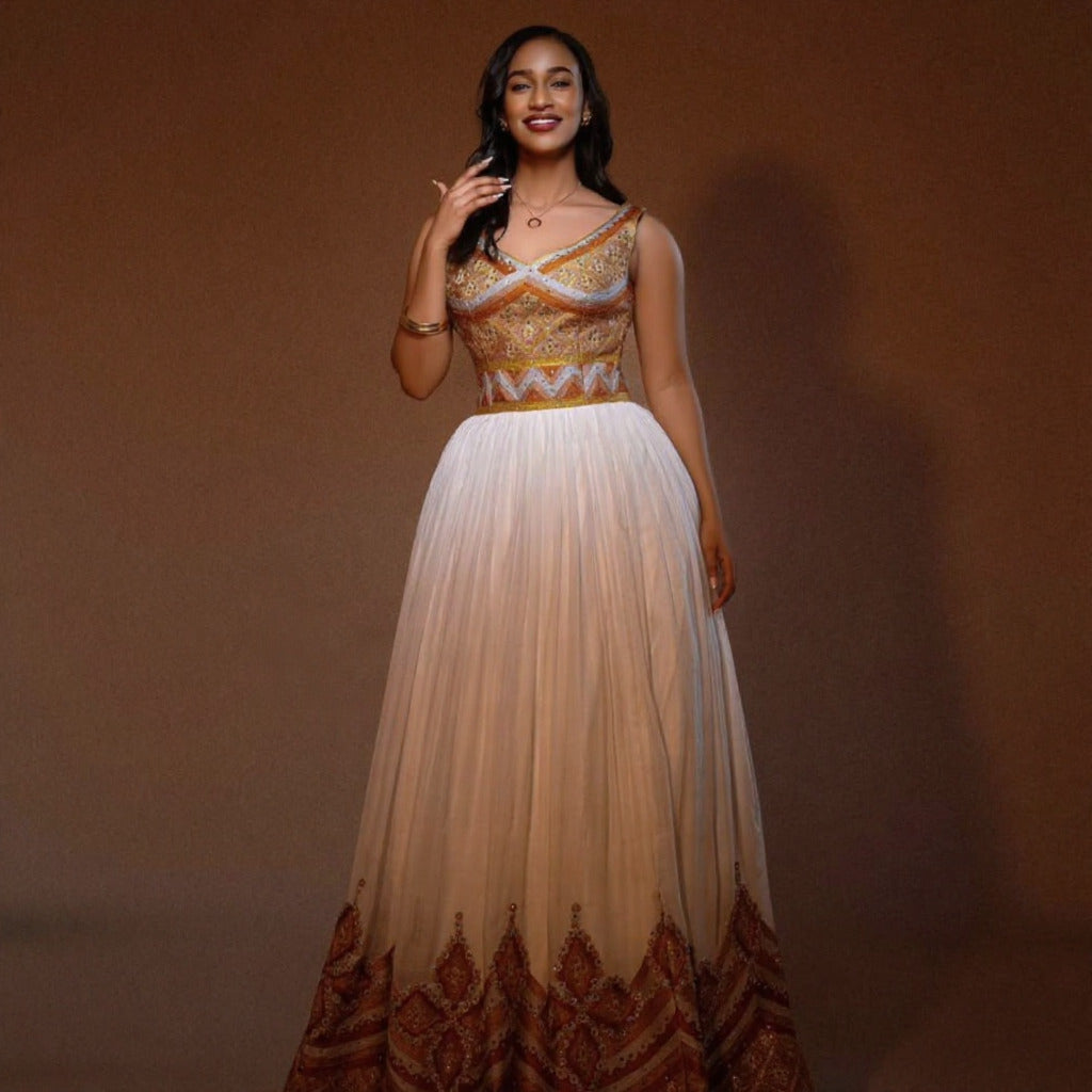 SINDU GOLD-EMBROIDERED HABESHA DRESS | SLEEVELESS HABESHA KEMIS | ETHIOPIAN WEDDING DRESS