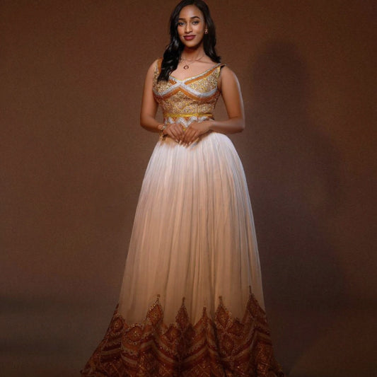 GOLD-EMBROIDERED SLEEVELESS ETHIOPIAN WEDDING DRESS