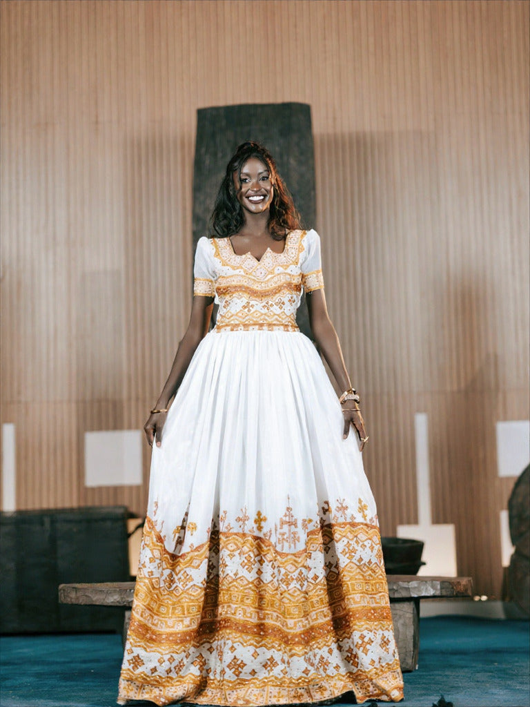 FIREALEM SHORT SLEEVE HABESHA KEMIS | ETHIOPIAN TRADITIONAL DRESS | TRADITIONAL ETHIOPIAN WEDDING DRESS