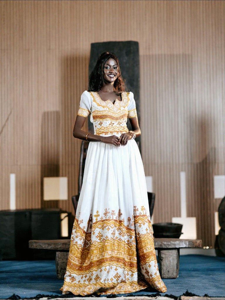 FIREALEM SHORT SLEEVE HABESHA KEMIS | ETHIOPIAN TRADITIONAL DRESS | TRADITIONAL ETHIOPIAN WEDDING DRESS