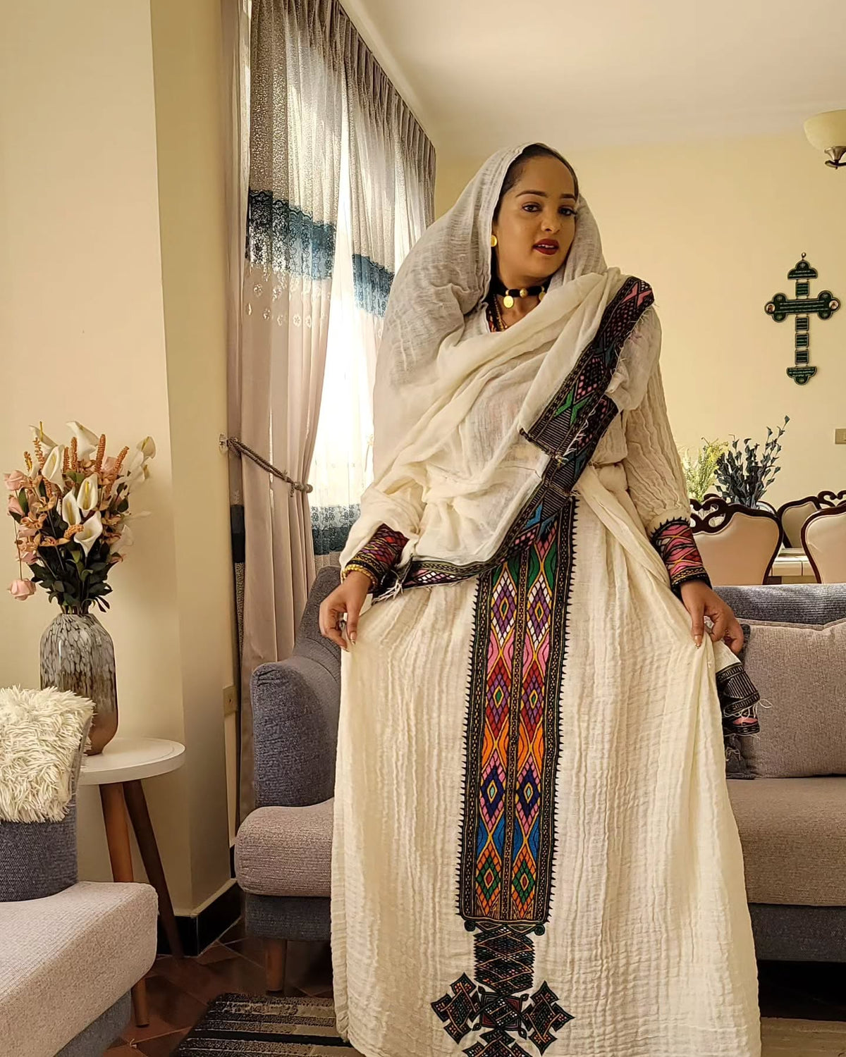 AMEL VIBRANT ETHIOPIAN DRESS | MULTICOLOR EMBROIDERY HABESHA KEMIS | HANDWOVEN HABESHA DRESS