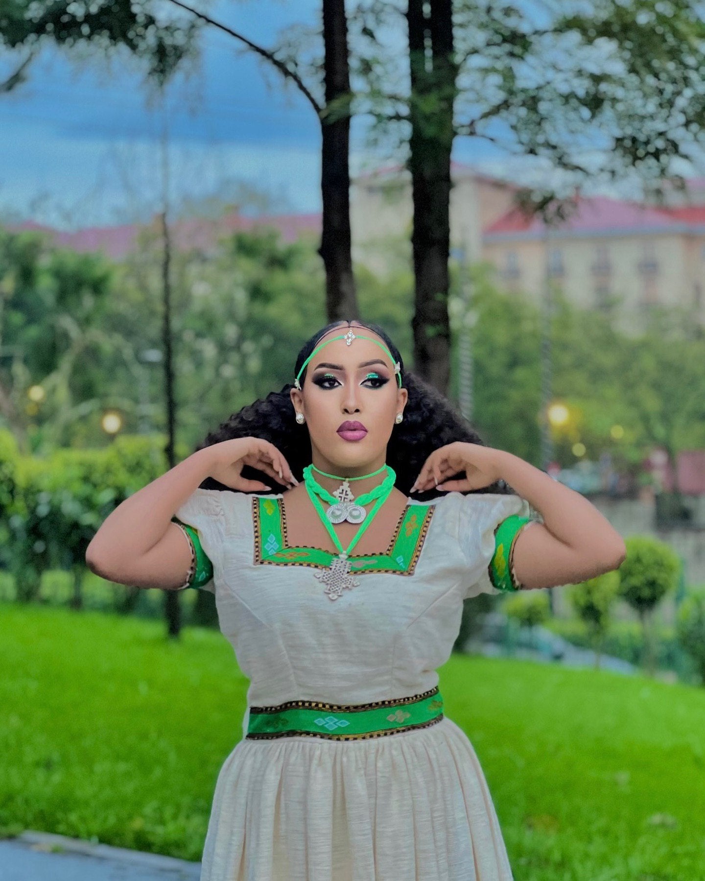 LISH SHORT SLEEVE HABESHA DRESS | GREEN PATTERN HABESHA KEMIS | ETHIOPIAN TRADITIONAL DRESS STYLE