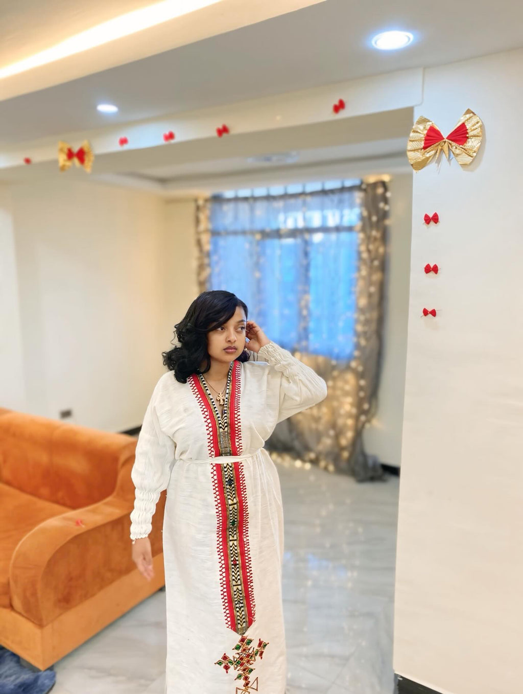 KIDAN V-NECKLINE HABESHA KEMIS | RED EMBROIDERY HABESHA DRESS | TRADITIONAL ETHIOPIAN DRESS