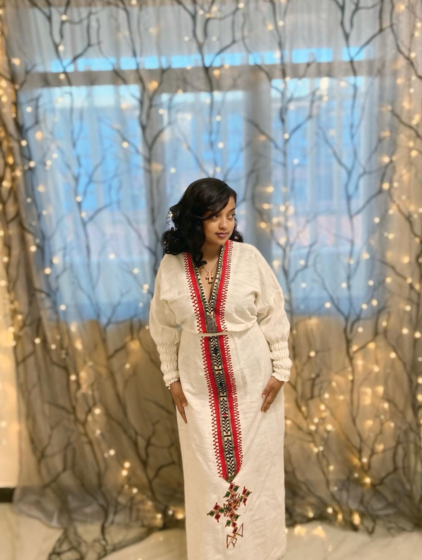 V-NECKLINE HABESHA KEMIS WITH RED EMBROIDERY – TRADITIONAL ETHIOPIAN DRESS 