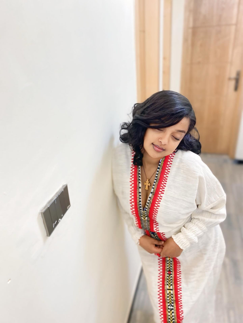 KIDAN V-NECKLINE HABESHA KEMIS | RED EMBROIDERY HABESHA DRESS | TRADITIONAL ETHIOPIAN DRESS