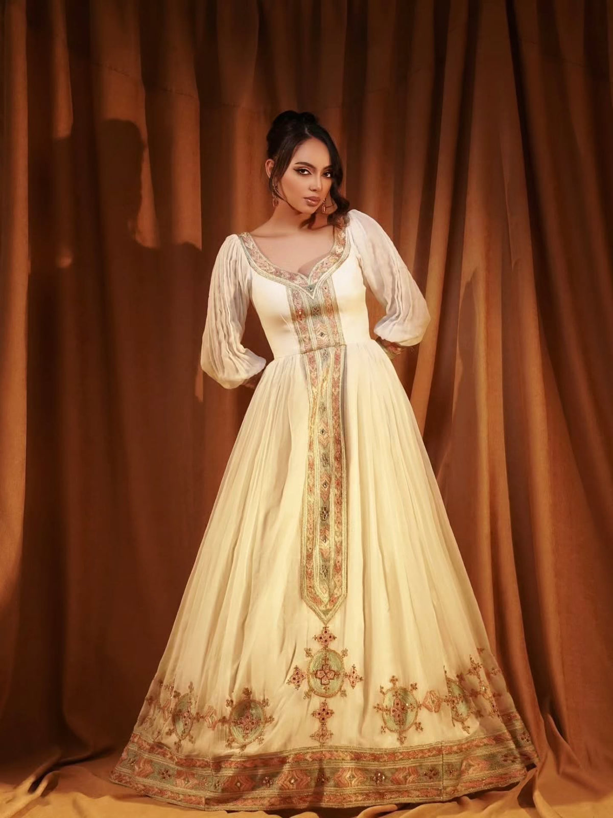 MARAMAWIT REGAL ETHIOPIAN WEDDING DRESS | GOLDEN EMBROIDERED HABESHA KEMIS | BEAUTIFUL HABESHA DRESS FOR WEDDING