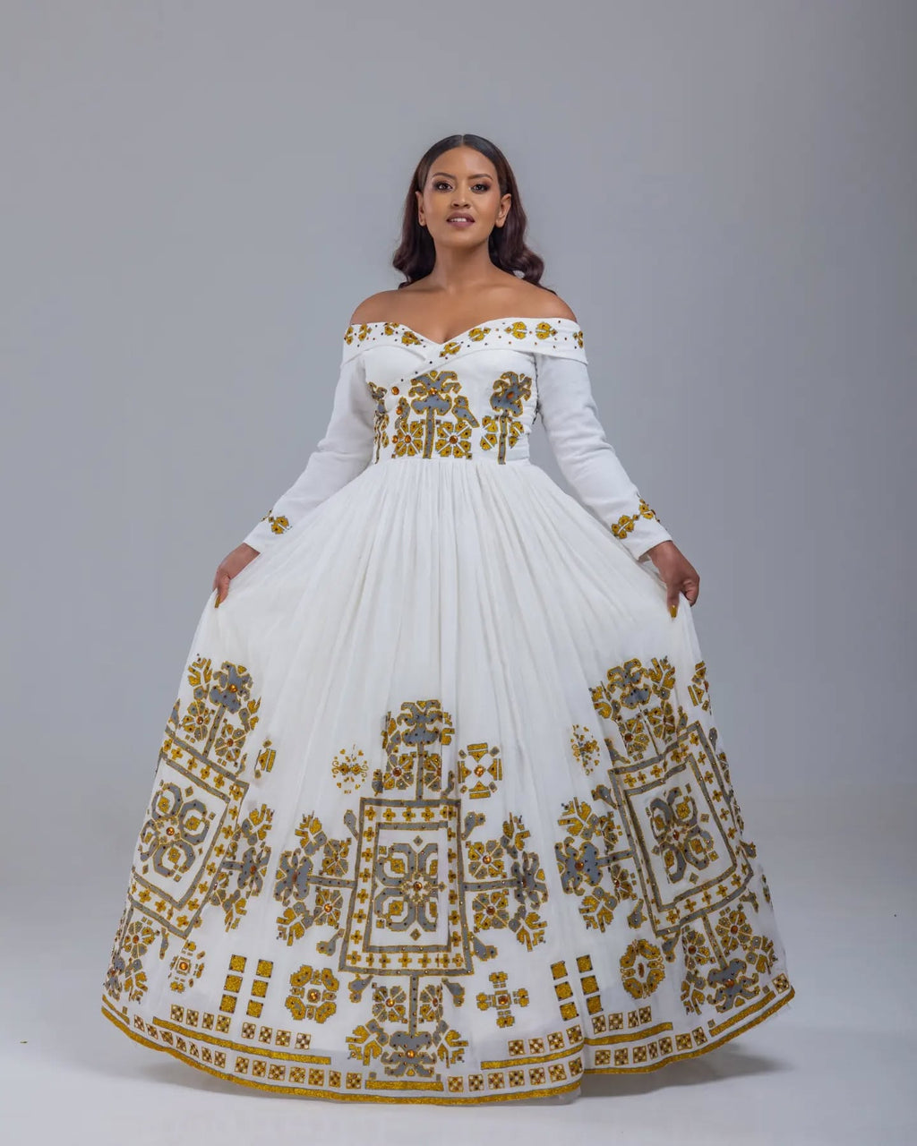 ENKU OFF-SHOULDER ETHIOPIAN HABESHA KEMIS | GOLD & SILVER EMBROIDERY HABESHA DRESS | ROYAL STYLE ETHIOPIAN WEDDING DRESS
