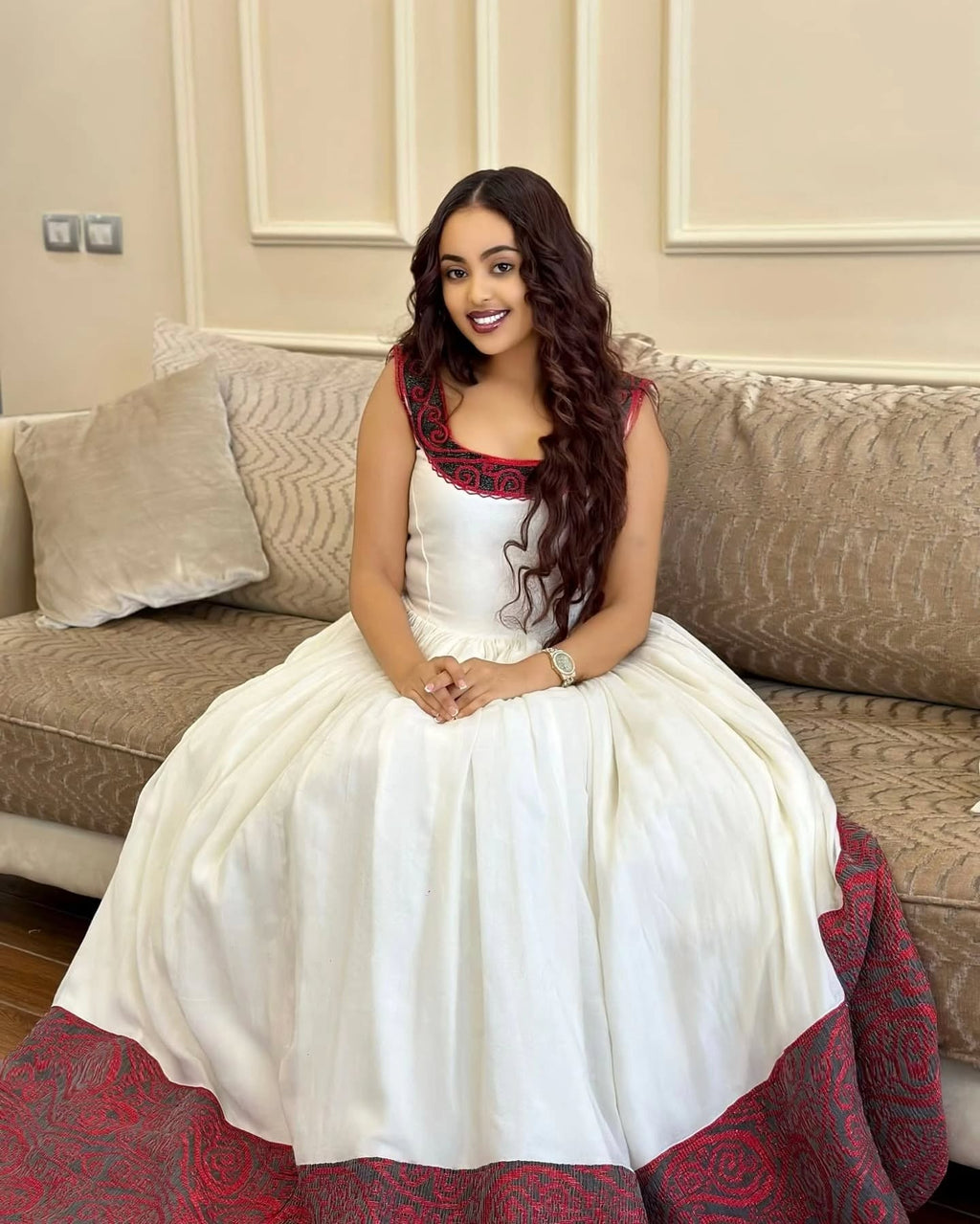 SERKALEM WHITE & RED HANDMADE ETHIOPIAN WEAR | WHITE COTTON HABESHA DRESS | BEAUTIFULLY CRAFTED HABESHA KEMIS FOR EVENTS