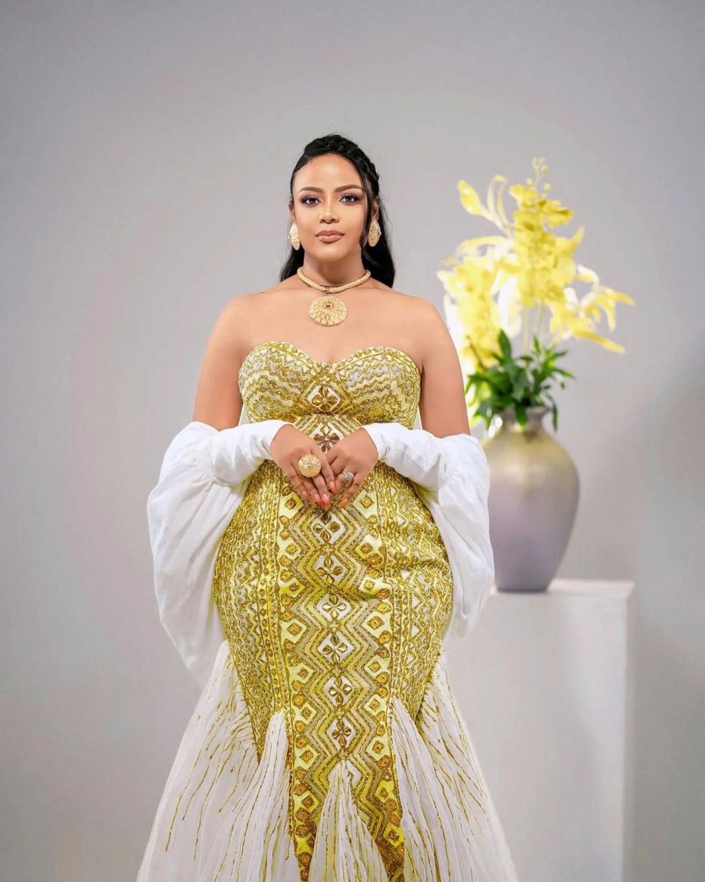 YEWUBDAR ROYAL GOLD EMBROIDERED HABESHA KEMIS | STRAPLESS MERMAID STYLE HABESHA DRESS | ETHIOPIAN CULTURAL CLOTH