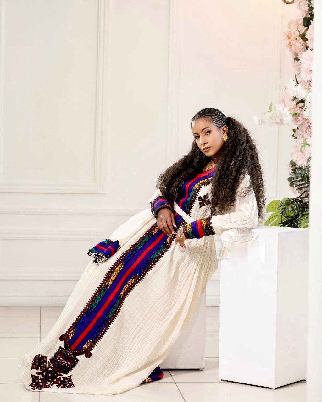 TIRHAS MULTICOLOR TIBEB EMBROIDERY ETHIOPIAN WEAR | REGAL ETHIOPIAN HABESHA KEMIS | SOFT COTTON HABESHA DRESS