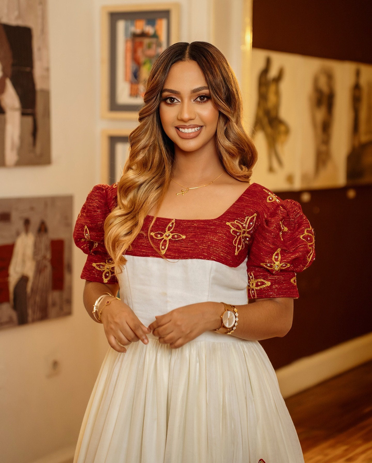 MASTI ROYAL HABESHA KEMIS | GOLD ETHIOPIAN CROSS EMBROIDERY HABESHA DRESS | TRADITIONAL ETHIOPIAN DRESS FOR SPECIAL EVENTS