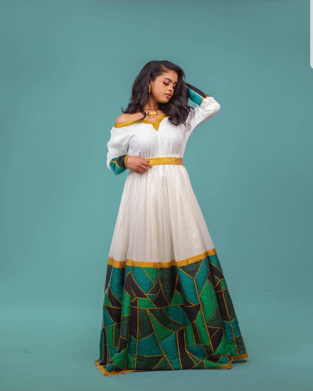 MINTWAB ETHIOPIAN HABESHA KEMIS | MODERN GREEN AND GOLD GEOMETRIC EMBROIDERY ETHIOPIAN CLOTH | CLASSY HABESHA DRESS FOR FESTIVE