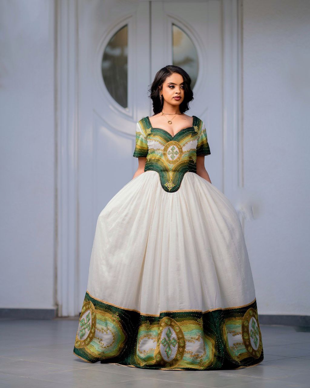 YENE ROYAL ETHIOPIAN HABESHA KEMIS | EMERALD GREEN & GOLDEN EMBROIDERY HABESHA DRESS | SHORT SLEEVE ETHIOPIAN CLOTHING
