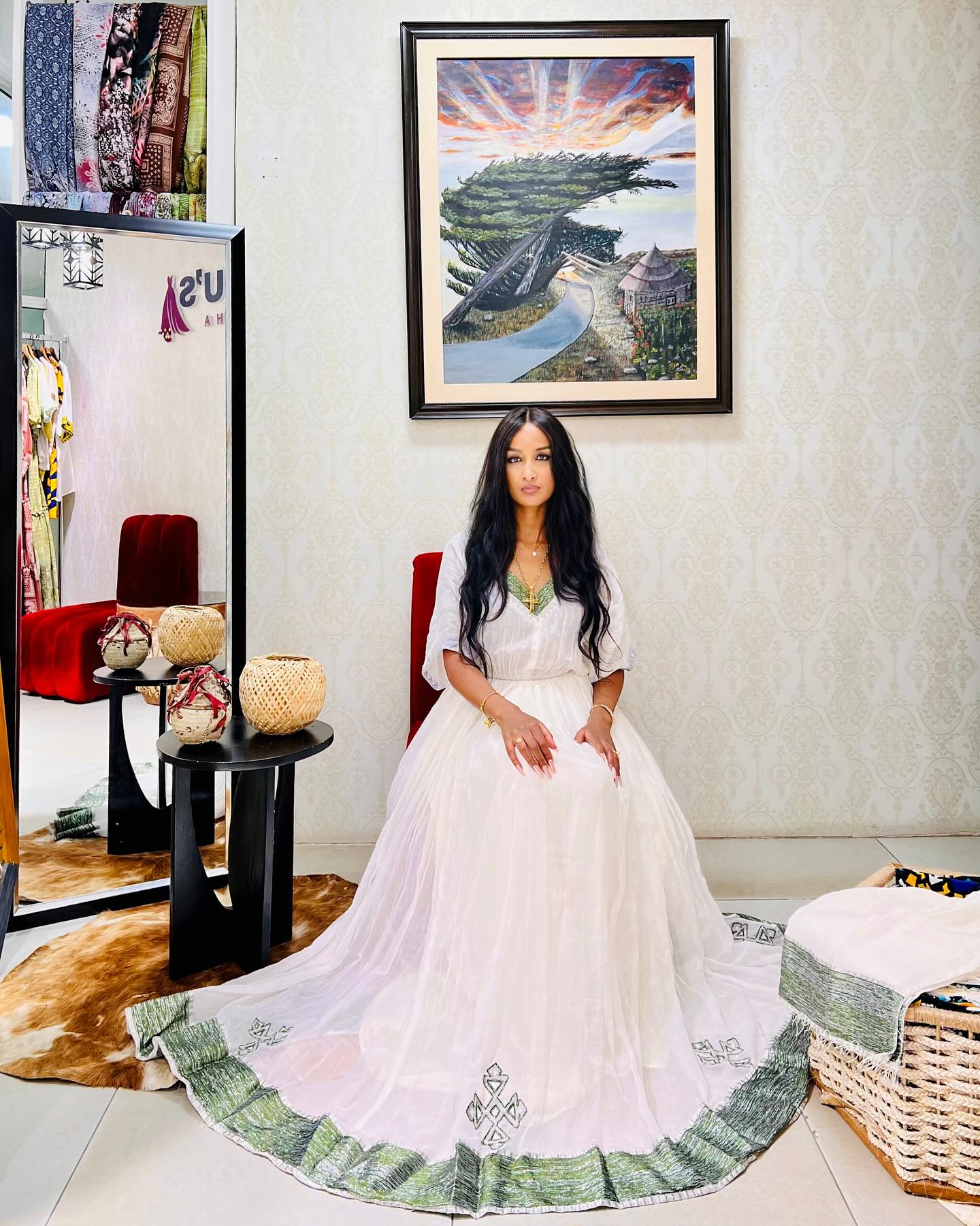 KOKEB GREEN EMBROIDERED HABESHA DRESS | V-SHAPED NECKLINE HABESHA KEMIS | TRADITIONAL ETHIOPIAN CLOTHING FOR SPECIAL OCCASION