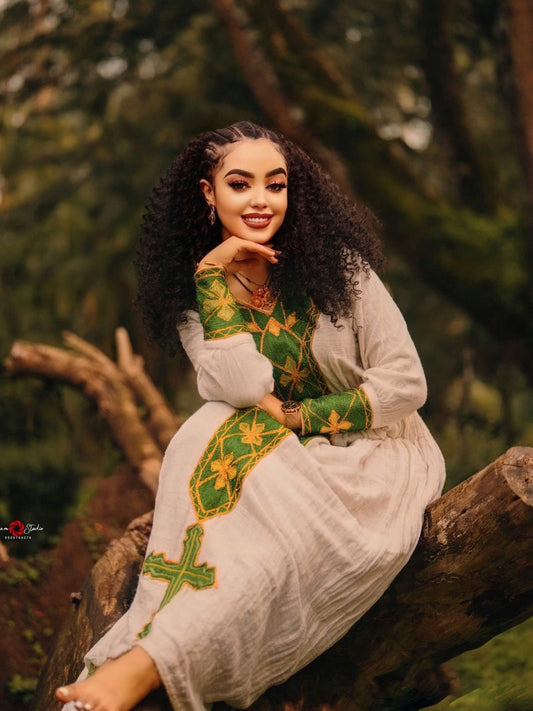 Green Embroidery Ethiopian Dress for Festive