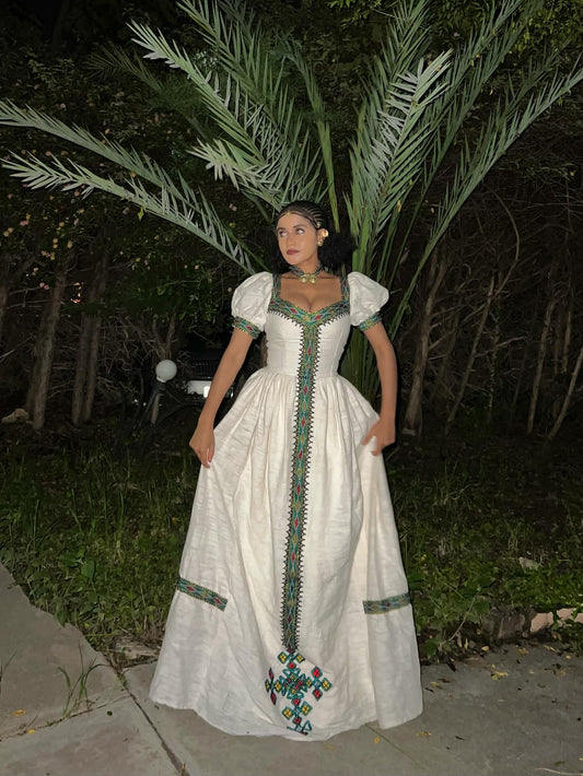 ELEGANT ETHIOPIAN TRADITIONAL DRESS WITH COLORFUL CROSS EMBROIDERY