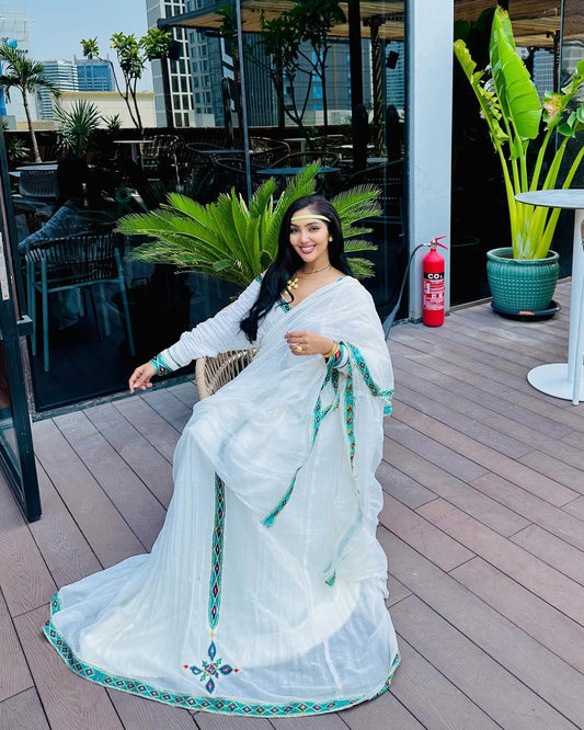 ETHIOPIAN TRADITIONAL DRESS | HABESHA CLOTH WITH BLUE EMBROIDERY