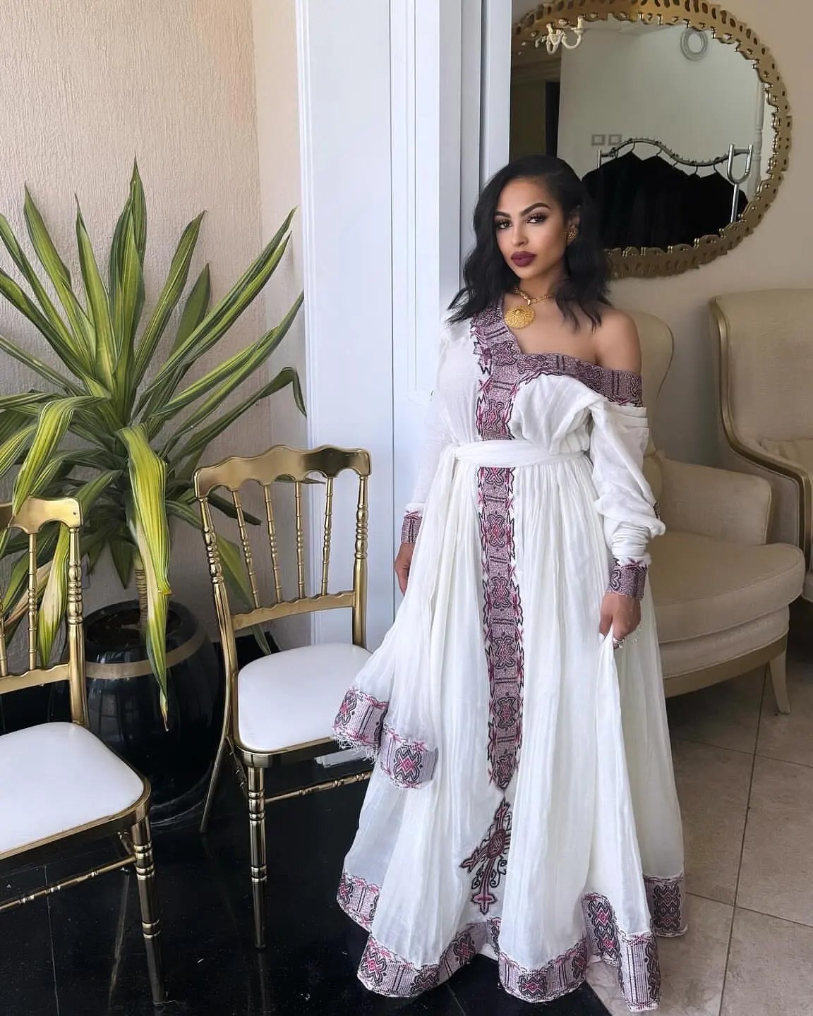 OFF-SHOULDER HABESHA CLOTH DRESS WITH PURPLE TRADITIONAL EMBROIDERY