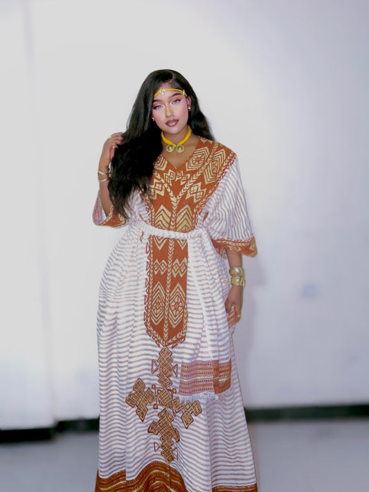 TRADITIONAL ETHIOPIAN DRESS IN BROWN | HABESHA CLOTH STYLE