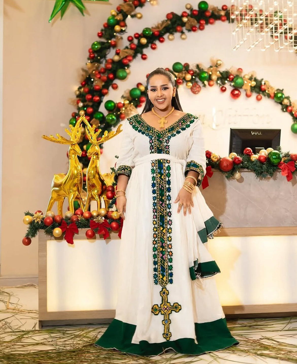 TIRUWORK TRADITIONAL ETHIOPIAN DRESS | GREEN EMBROIDERY & CROSS DESIGN HABESHA KEMIS | COLORFUL PATTERN HABESHA DRESS FOR FESTIVES