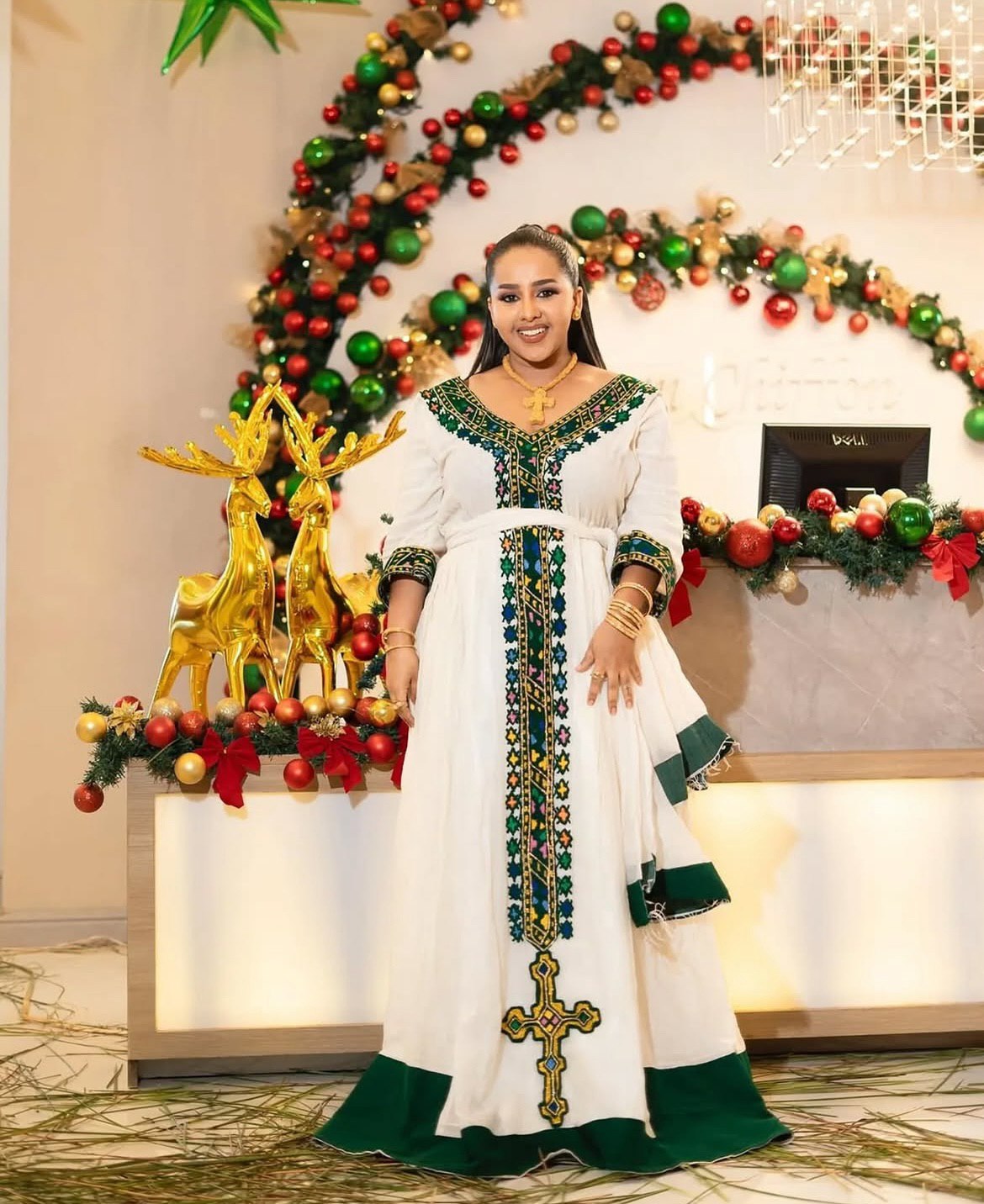 TIRUWORK TRADITIONAL ETHIOPIAN DRESS | GREEN EMBROIDERY & CROSS DESIGN HABESHA KEMIS | COLORFUL PATTERN HABESHA DRESS FOR FESTIVES