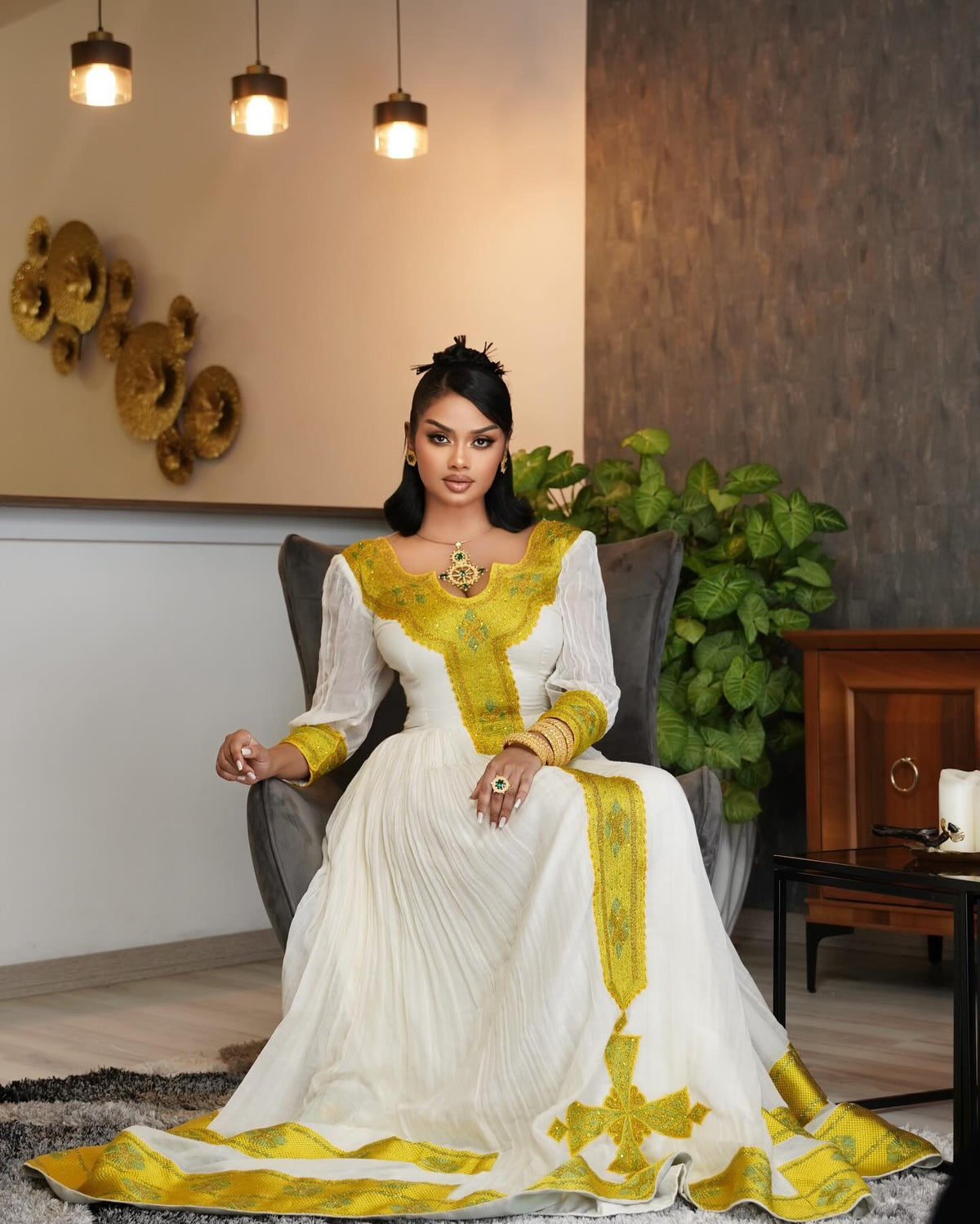 LEWAM ETHIOPIAN TRADITIONAL DRESS | HABESHA KEMIS FOR WOMEN | WHITE AND YELLOW HABESHA DRESS