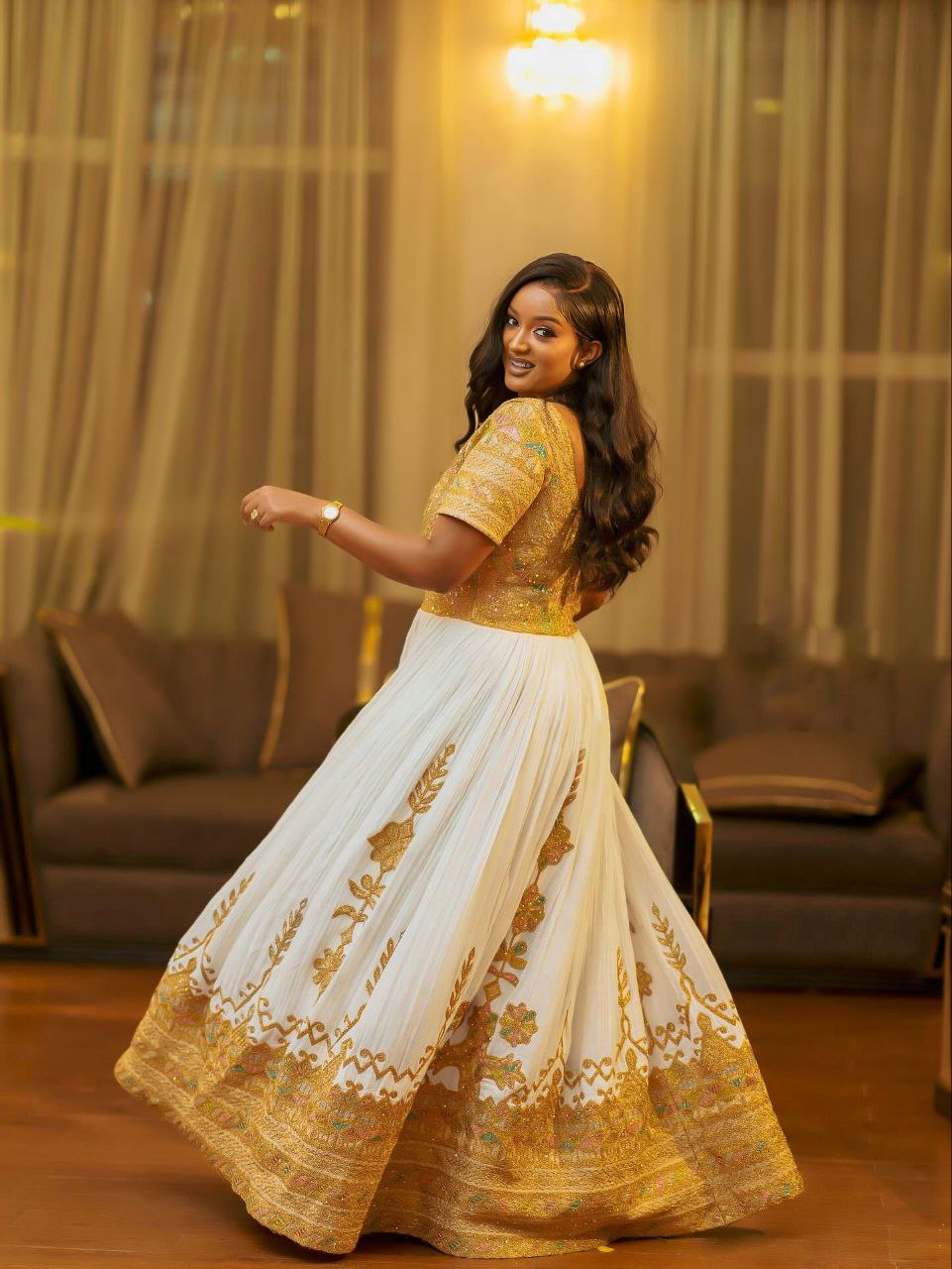 SERKINA GOLD EMBROIDERED HABESHA KEMIS | ETHIOPIAN TRADITIONAL DRESS FOR WEDDING | ETHIOPIAN WEDDING HABESHA DRESS