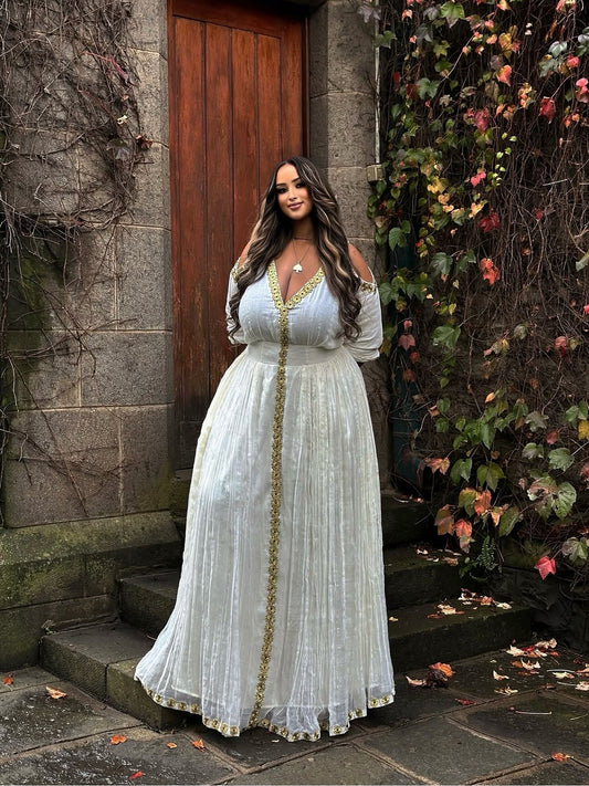 PLUS-SIZE ETHIOPIAN DRESS | WHITE HABESHA KEMIS WITH GOLD EMBROIDERY