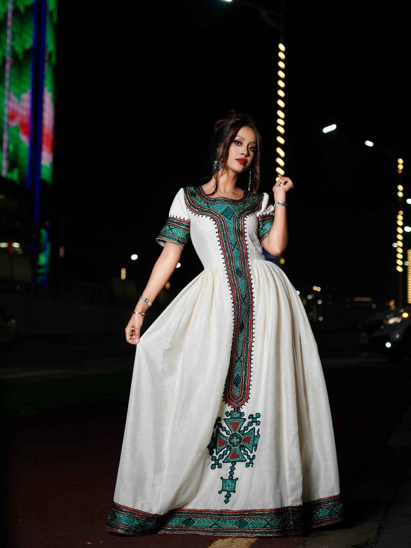 Green and red Pattern Habesha Dress for Festive