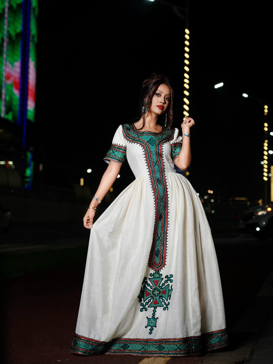 Green and red Pattern Habesha Dress for Festive