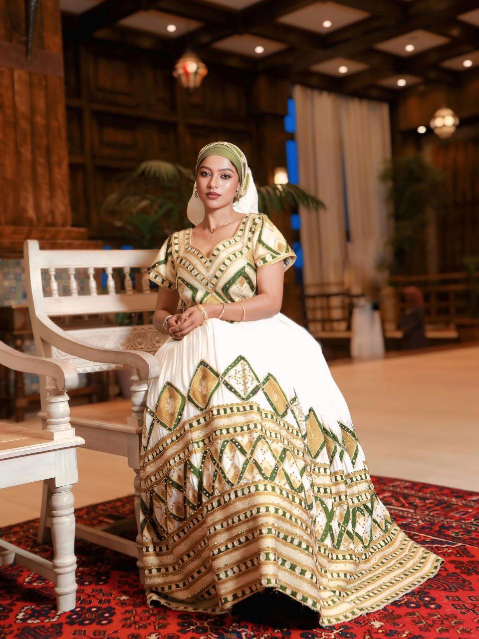 HAYAT TRADITIONAL ETHIOPIAN WEDDING DRESS | HABESHA KEMIS & ERITREAN CLOTH | GREEN AND GOLD EMBROIDERY HABESHA DRESS
