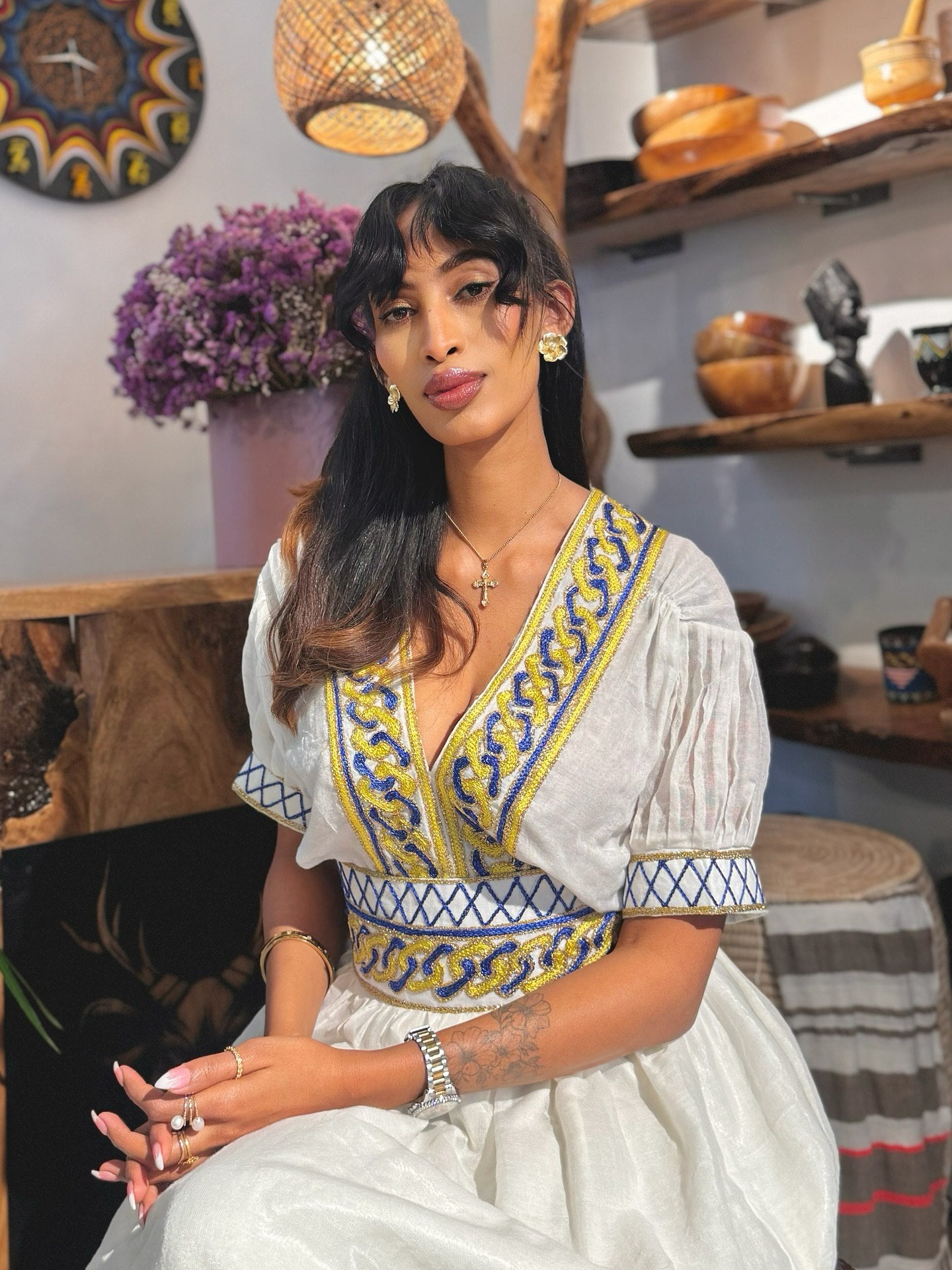 YOHANA ETHIOPIAN TRADITIONAL DRESS | HABESHA DRESS WITH BLUE & YELLOW EMBROIDERY | HABESHA KEMIS FOR EVENTS