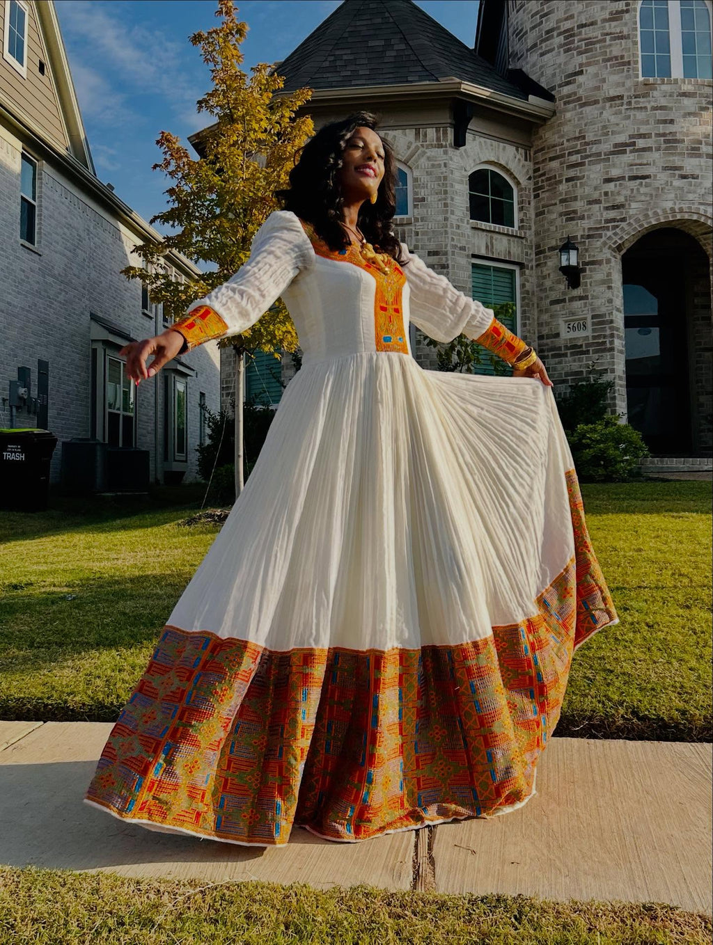 ENGIDA ORANGE EMBROIDERY HABESHA KEMIS | FESTIVE TRADITIONAL ETHIOPIAN DRESS | HANDWOVEN HABESHA DRESS