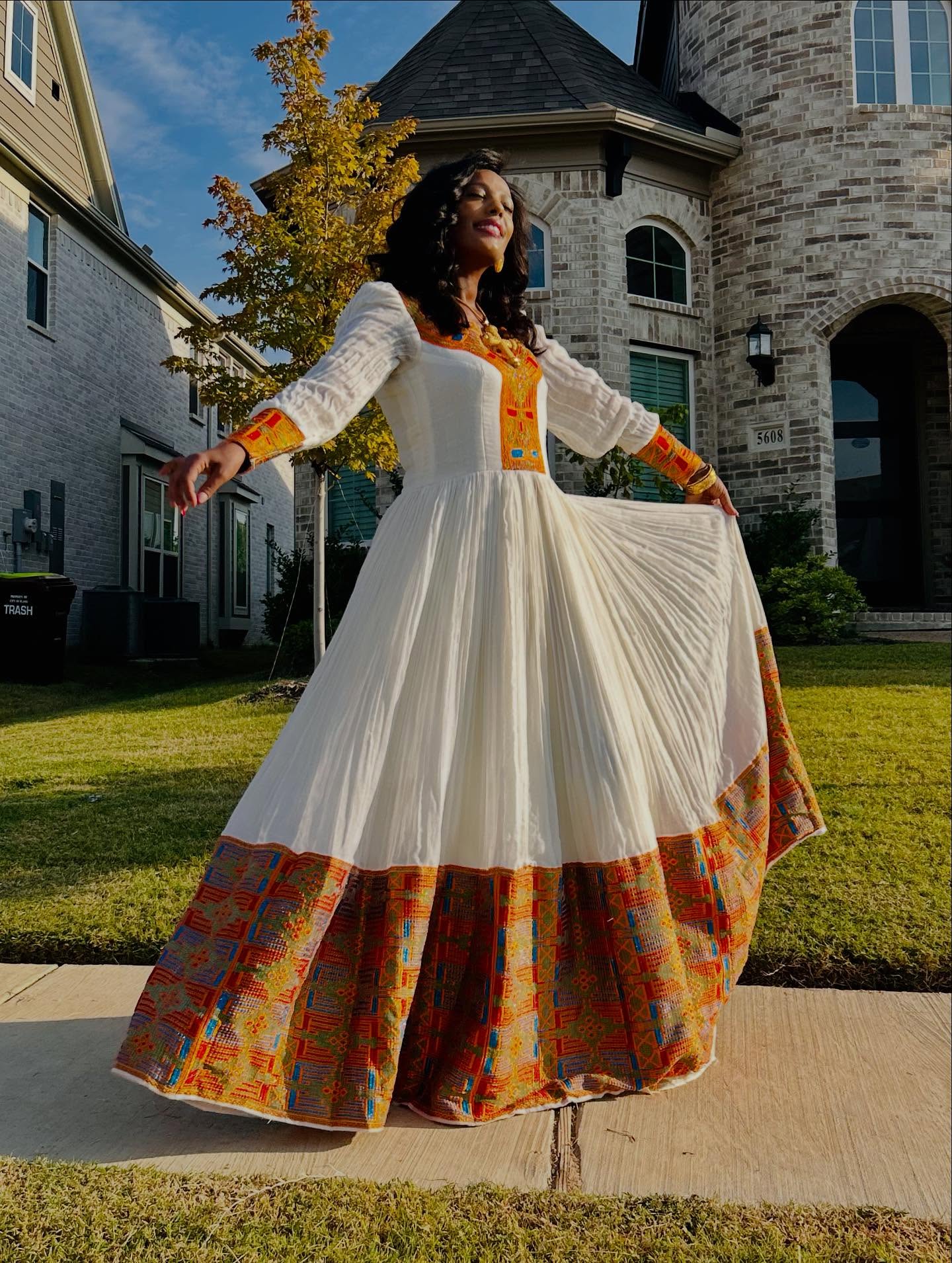 ENGIDA ORANGE EMBROIDERY HABESHA KEMIS | FESTIVE TRADITIONAL ETHIOPIAN DRESS | HANDWOVEN HABESHA DRESS