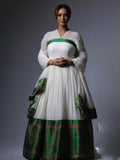 White Habesha Kemis with Green Embroidery