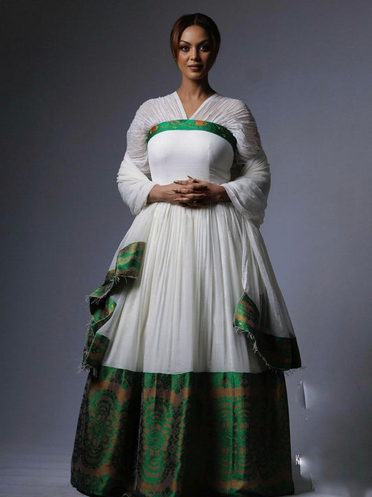 White Habesha Kemis with Green Embroidery