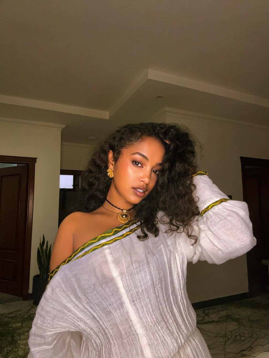 SIMEGN WHITE HABESHA KEMIS | GREEN BORDER DESIGN HABESHA DRESS | ETHIOPIAN CULTURAL DRESS STYLE