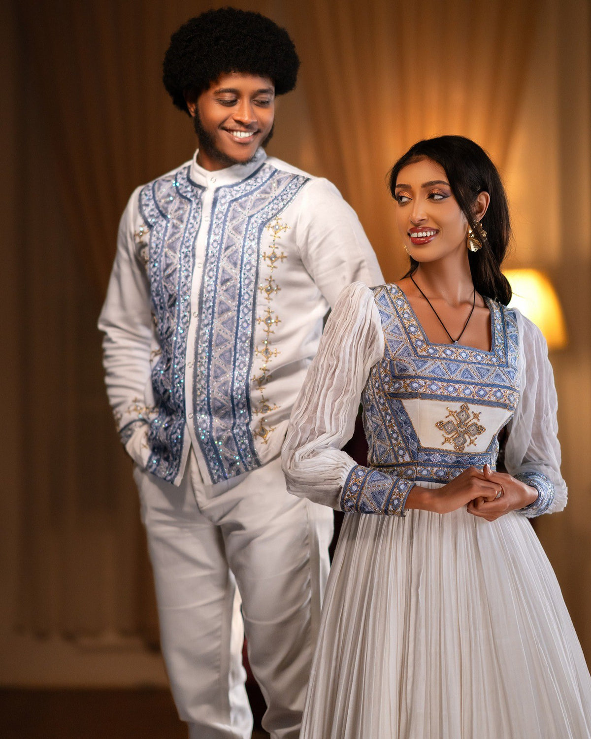 ETSUB WHITE & BLUE ETHIOPIAN COUPLE OUTFIT | MATCHING HABESHA KEMIS | TRADITIONAL ETHIOPIAN CLOTHING FOR COUPLES