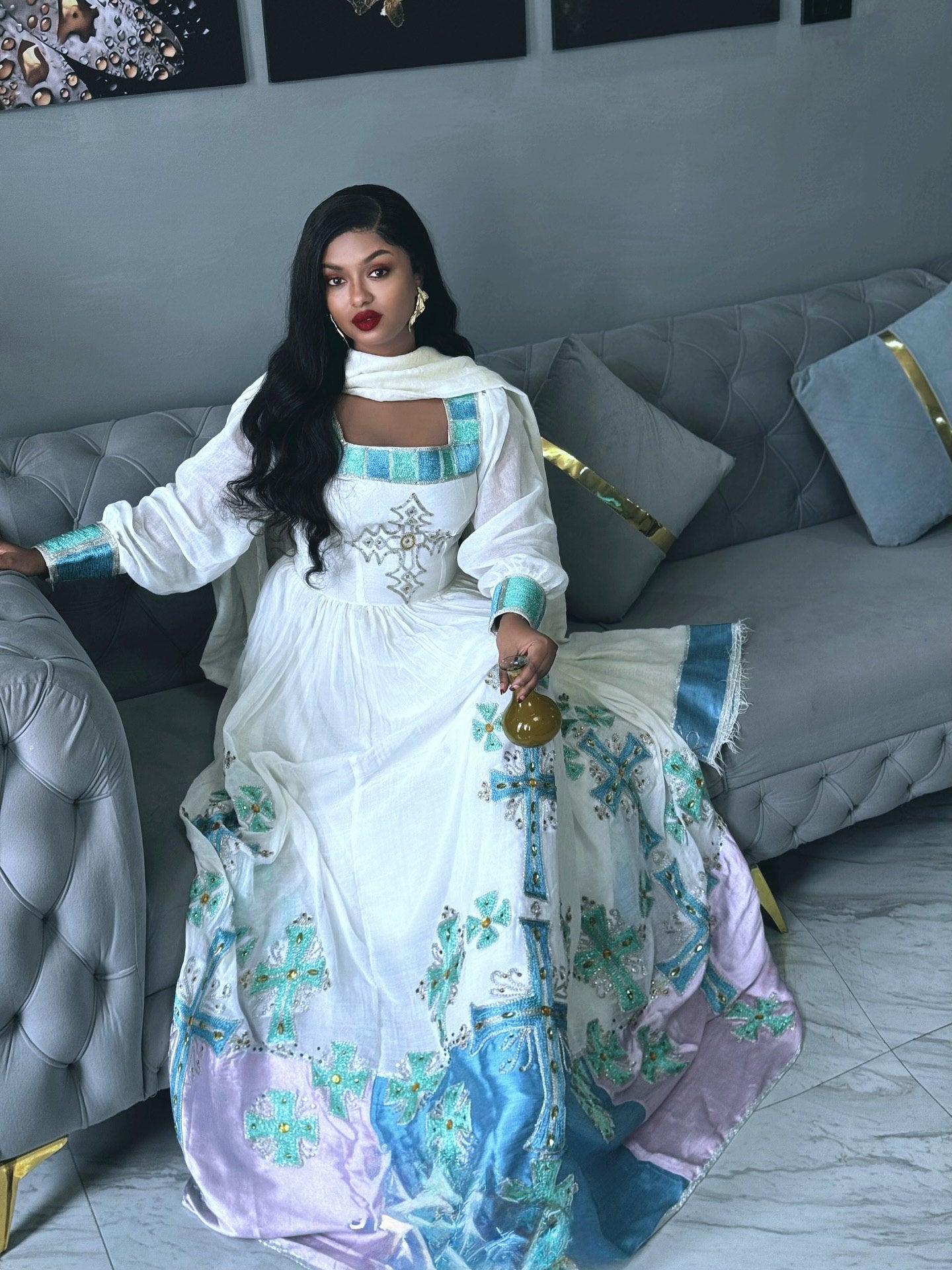 WHITE ETHIOPIAN DRESS WITH TURQUOISE & LILAC EMBROIDERY