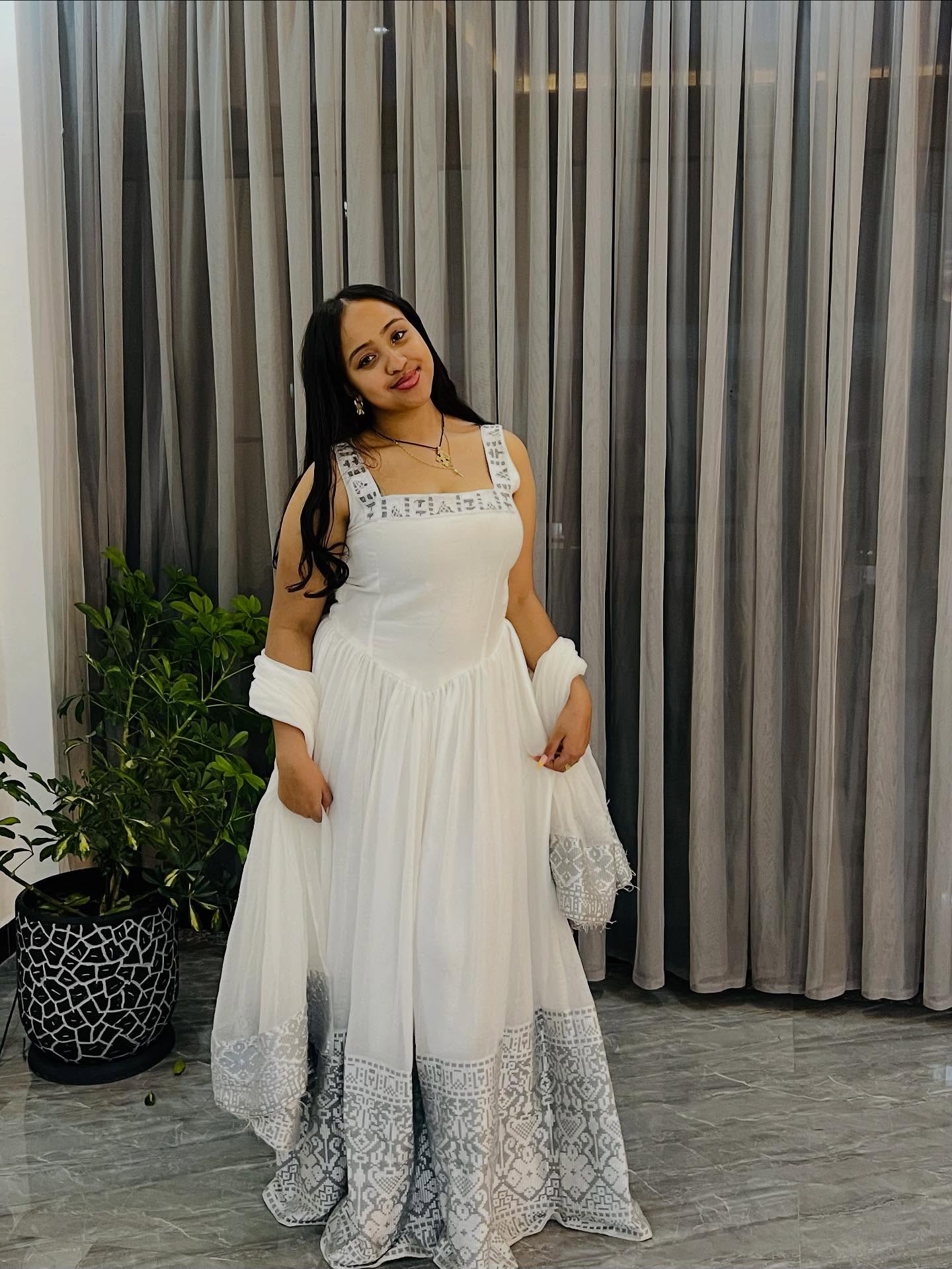 White Ethiopian Traditional Dres with Gray Embroidery