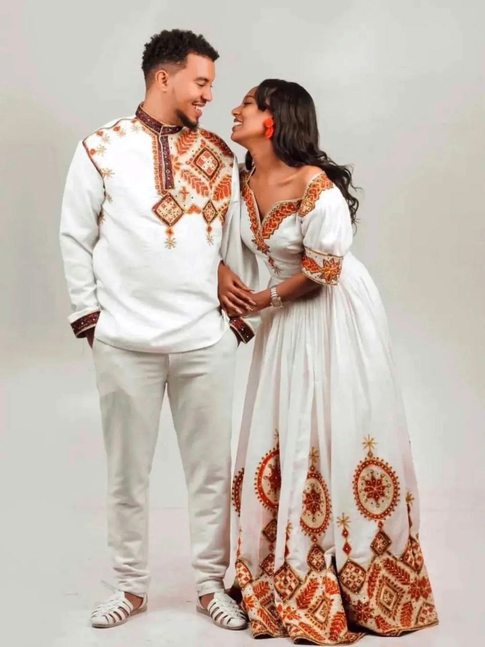 ABEBA MATCHING ETHIOPIAN COUPLE DRESS | RED AND GOLD EMBROIDERY MATCHING SET | COUPLE'S OUTFIT