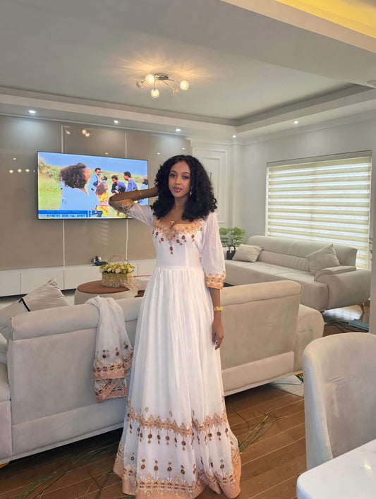 White Habesha Kemis With Golden Embroidery | Ethiopian Traditional Dress