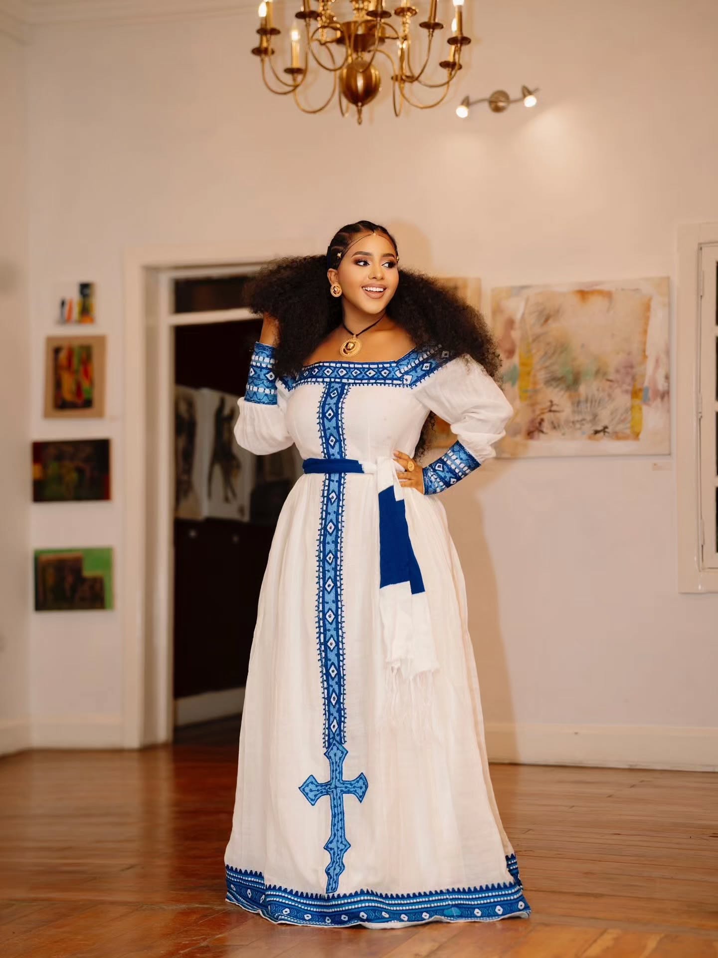 Blue Embroidery Ethiopian Clothing with Cross Embroidery 