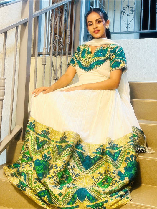GREEN EMBROIDERY HABESHA KEMIS TRADITIONAL DRESS