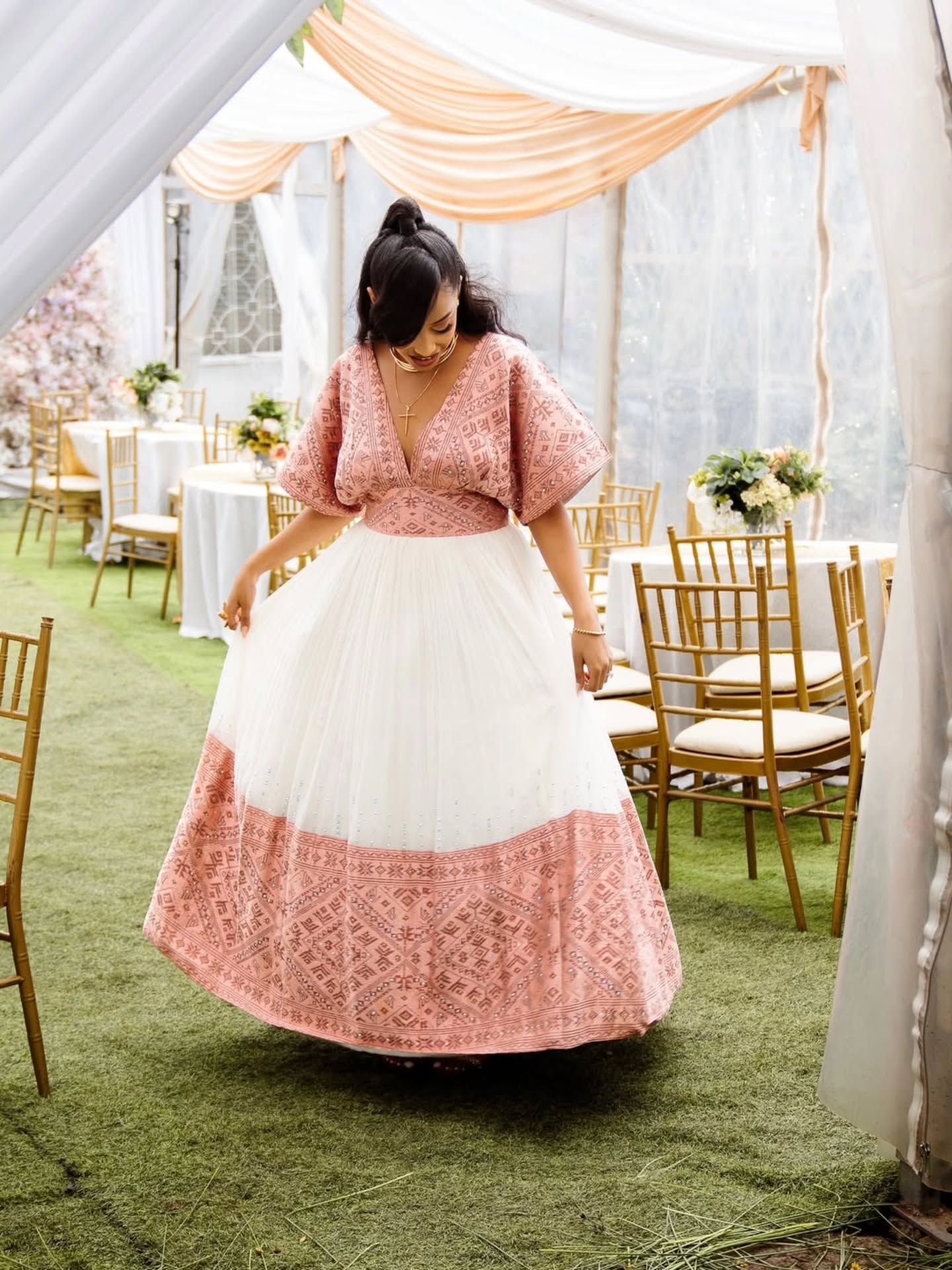 PINK EMBROIDERY HABESHA WEDDING DRESS - TRADITIONAL ETHIOPIAN BRIDAL ATTIRE